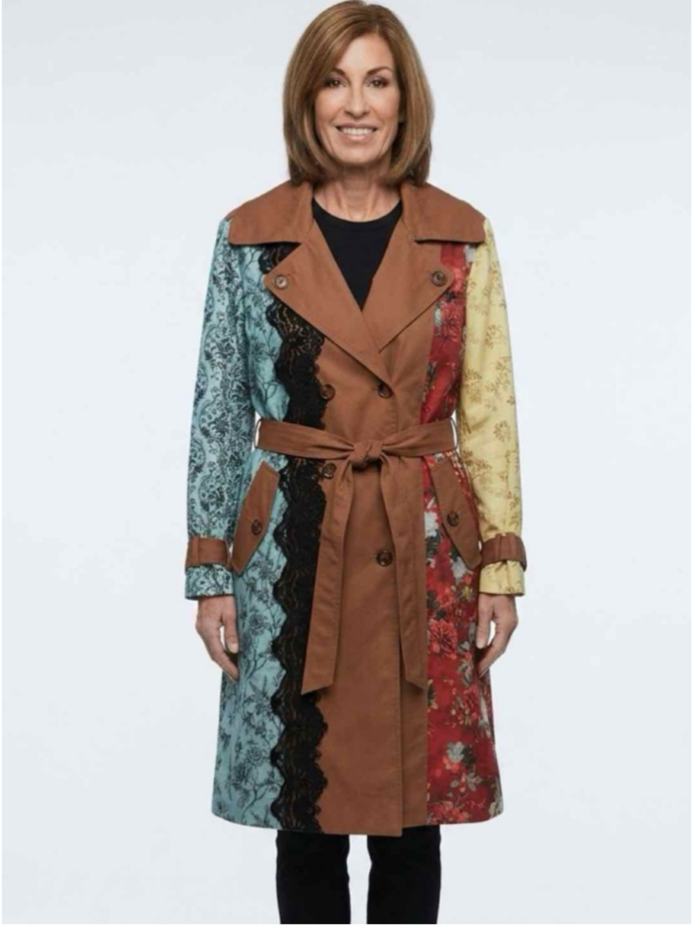Alice + Olivia Keith Midi Mixed Media Patchwork Trench Coat Size Small